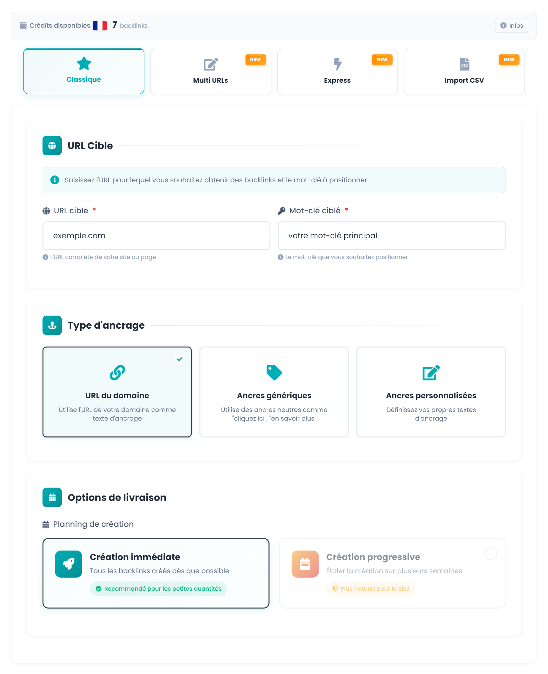 Formulaire de commande des backlinks pas chers Linkavista : URL cible, mot-clé, type d'ancrage et création immédiate ou progressive
