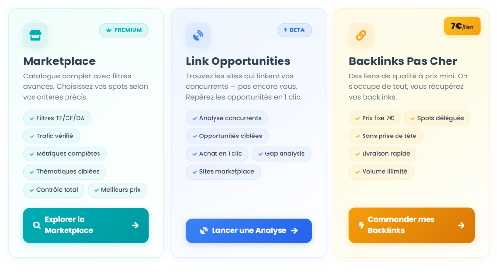 Les trois offres d'achat du tableau de bord Linkavista : marketplace, Link Opportunities et backlinks pas chers à 7 euros le lien