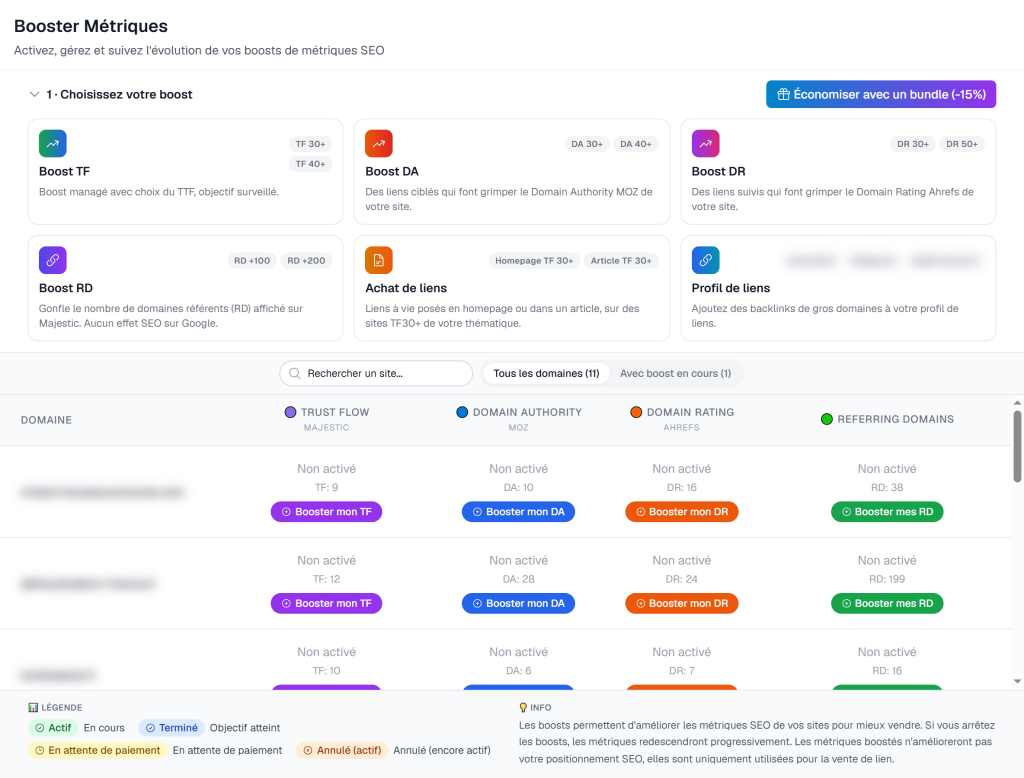 Ecran Linkquiver des boosts de metriques : Trust Flow, Domain Authority, Domain Rating, domaines referents, achat de liens et profil de liens