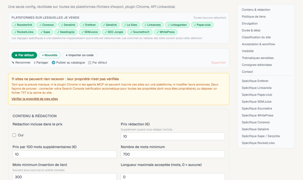 Ecran Linkquiver montrant seize plateformes de vente de liens connectees et une configuration unique reutilisee sur toutes