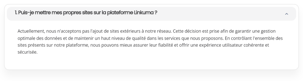 FAQ de l'espace client Linkuma : la plateforme n'accepte pas l'ajout de sites extérieurs à son réseau
