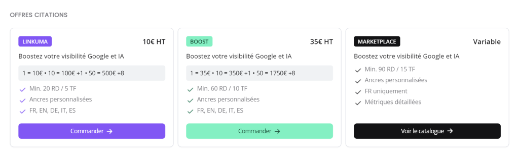 Les offres de citations Linkuma à 10 € et 35 € HT, avec un lien offert pour dix achetés et huit pour cinquante