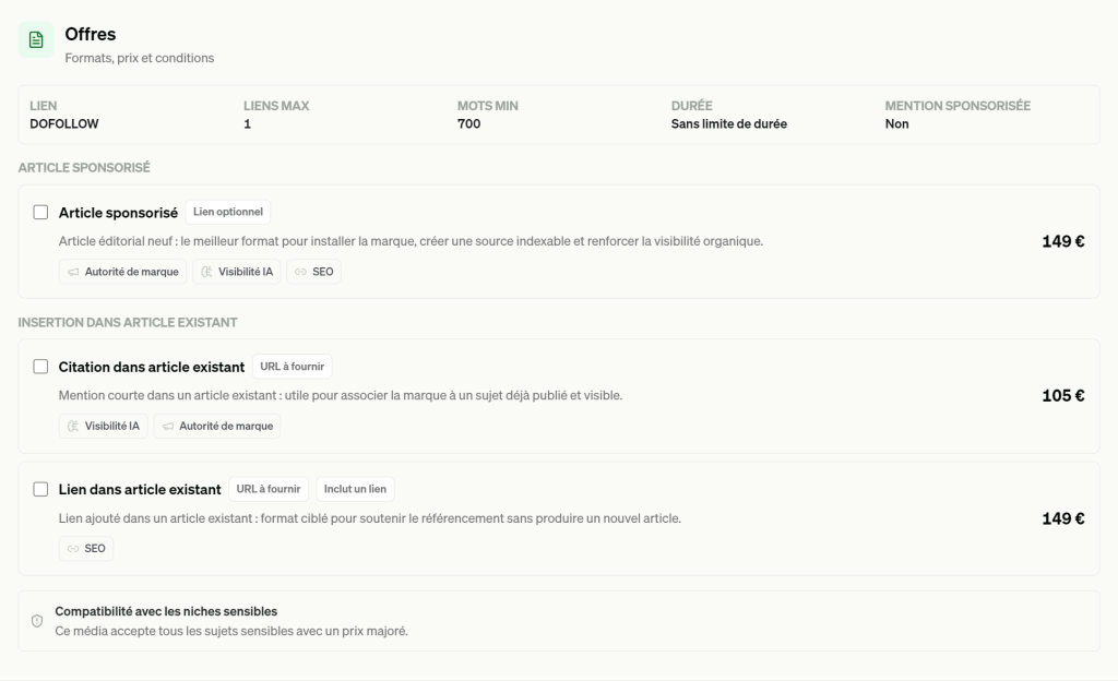 Fiche media vue par l'annonceur sur Ranksource : lien dofollow, mention sponsorisee non, et prix des trois formats