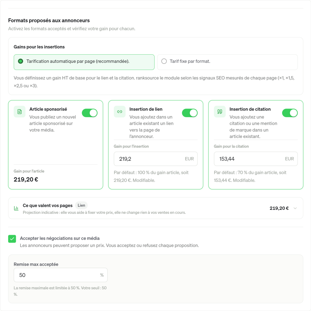 Formats proposes aux annonceurs sur Ranksource : article sponsorise, insertion de lien a 100 %, citation a 70 %, et remise maximale de 50 % en negociation