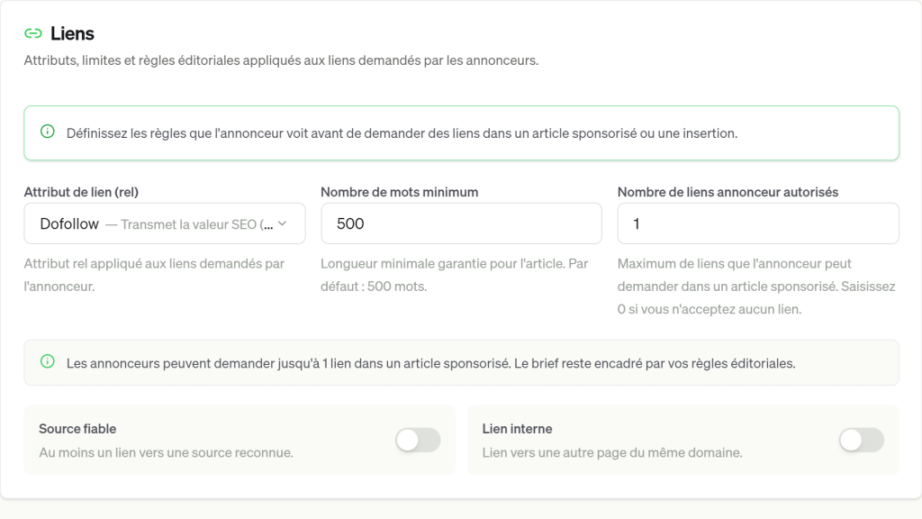 Reglages des liens dans Ranksource : attribut dofollow, 500 mots minimum et un lien annonceur par article