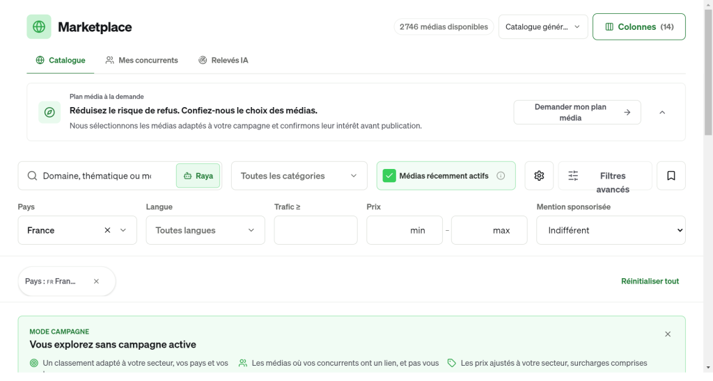 Marketplace annonceur de Ranksource filtree sur la France : 2 746 medias disponibles avec le filtre medias recemment actifs