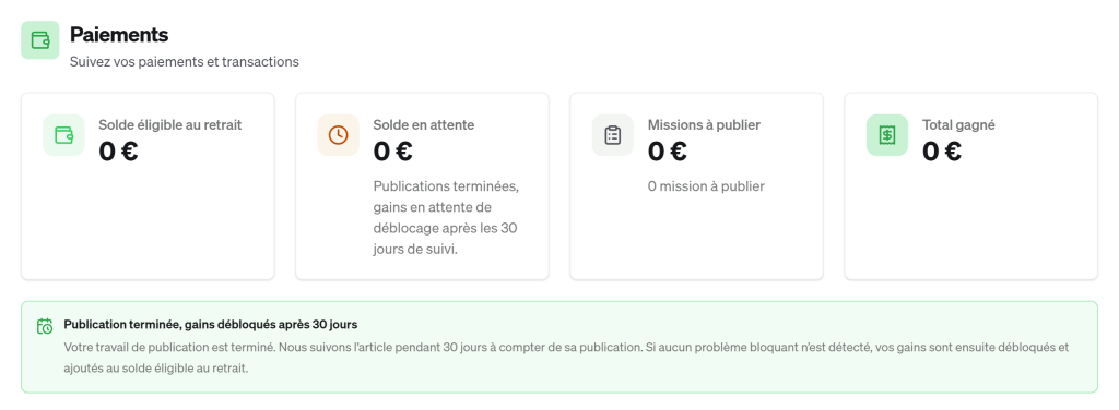 Page Paiements de l'espace editeur Ranksource : gains debloques 30 jours apres la publication