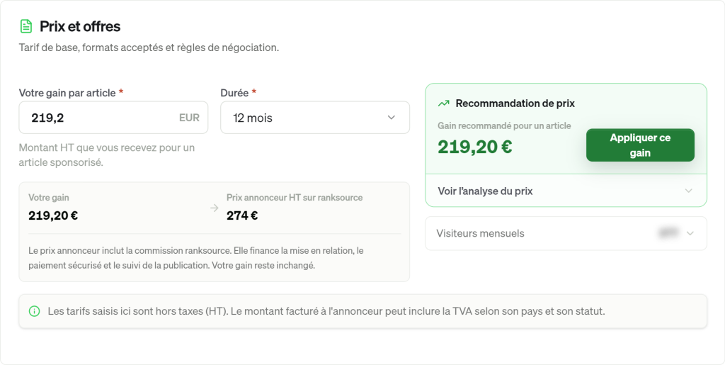 Formulaire Prix et offres de Ranksource : gain editeur de 219,20 euros, prix annonceur de 274 euros HT et gain recommande par la plateforme