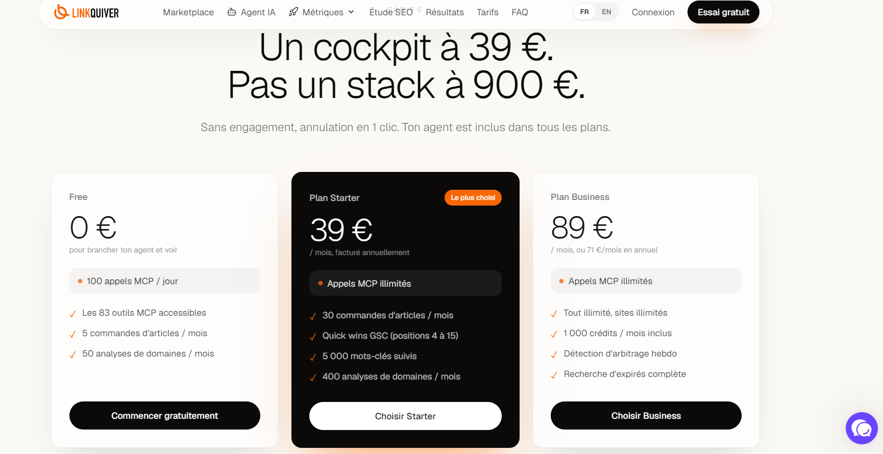Grille tarifaire de Linkquiver : plans Free, Starter, Business et Ultra