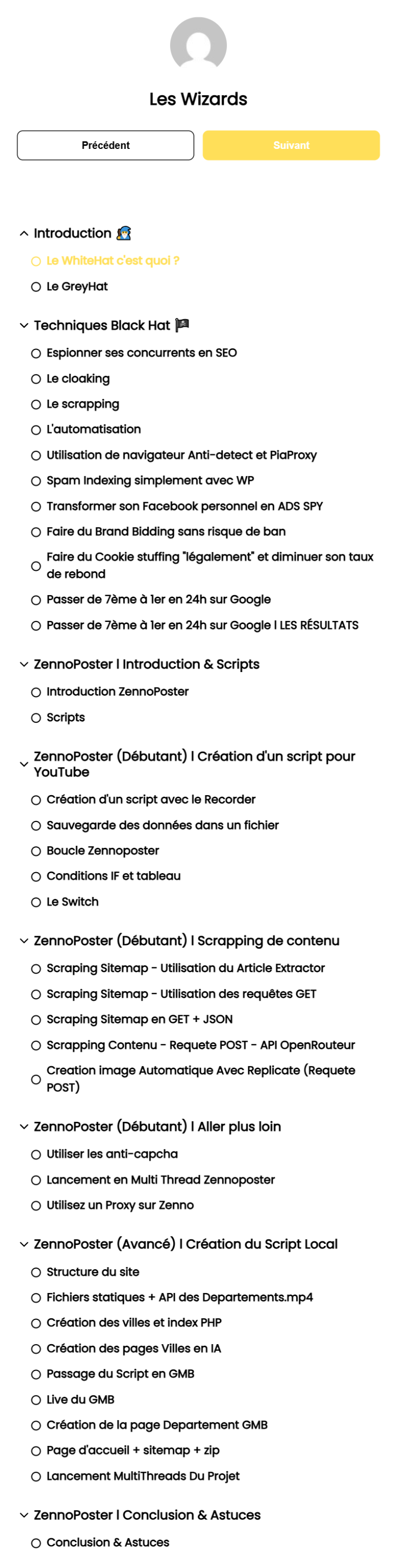 Sommaire du module Arts Occultes : cloaking, scraping, navigateurs anti-detect et une longue serie ZennoPoster