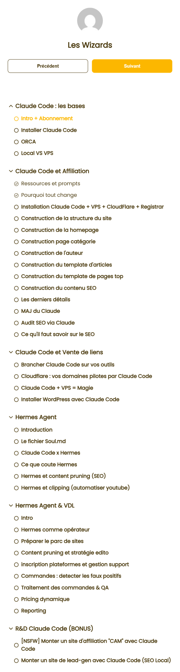 Sommaire du module Claude Code et Agents IA : six sections et trente-neuf chapitres, dont l'agent Hermes applique a la vente de liens