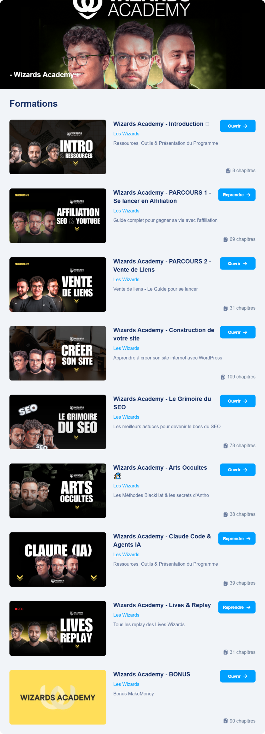 Espace membre de la Wizards Academy : les neuf formations du pack avec leur nombre de chapitres, de l'introduction au module bonus