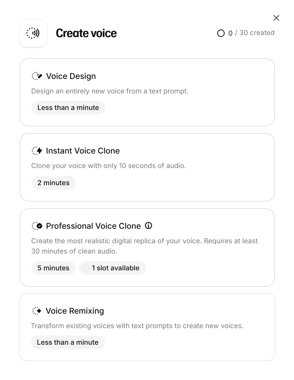 Fenêtre Create voice d'ElevenLabs : Voice Design, Instant Voice Clone avec 10 secondes d'audio, Professional Voice Clone avec 30 minutes, Voice Remixing