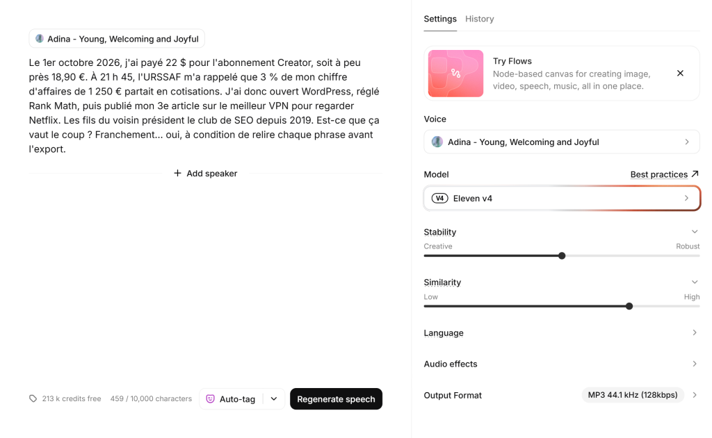 Éditeur Text to Speech d'ElevenLabs avec mon texte de test en français, la voix Adina, le modèle Eleven v4 et les réglages de stabilité et de similarité