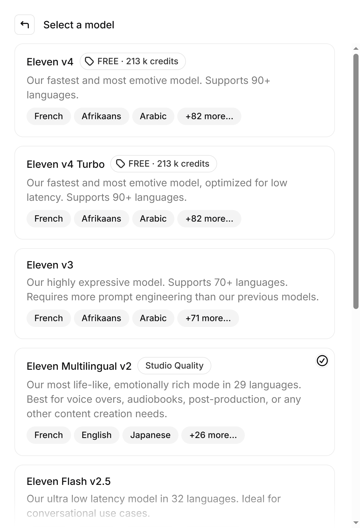 Liste des modèles de synthèse vocale ElevenLabs : Eleven v4, v4 Turbo, v3, Multilingual v2 et Flash v2.5, avec le français parmi les langues